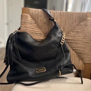 Michael Kors Black Pebbled Leather Hobo with Tassel and Gold Chain